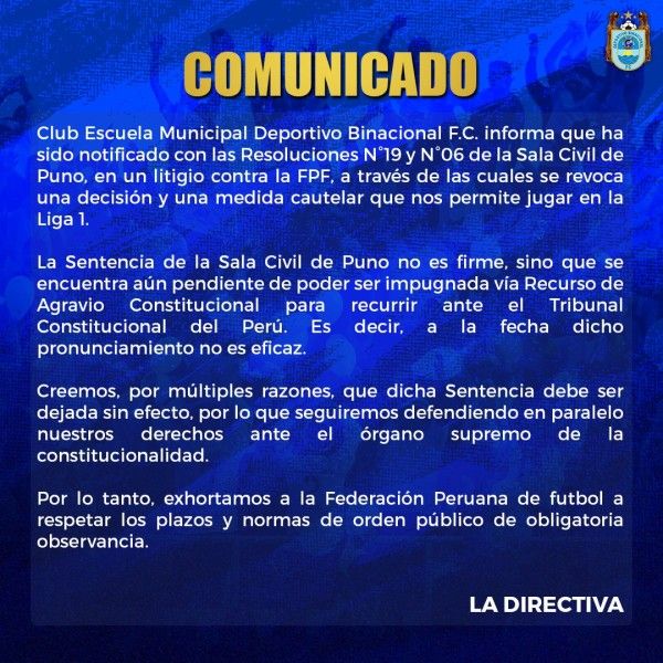 Binacional queda fuera de la Liga 1